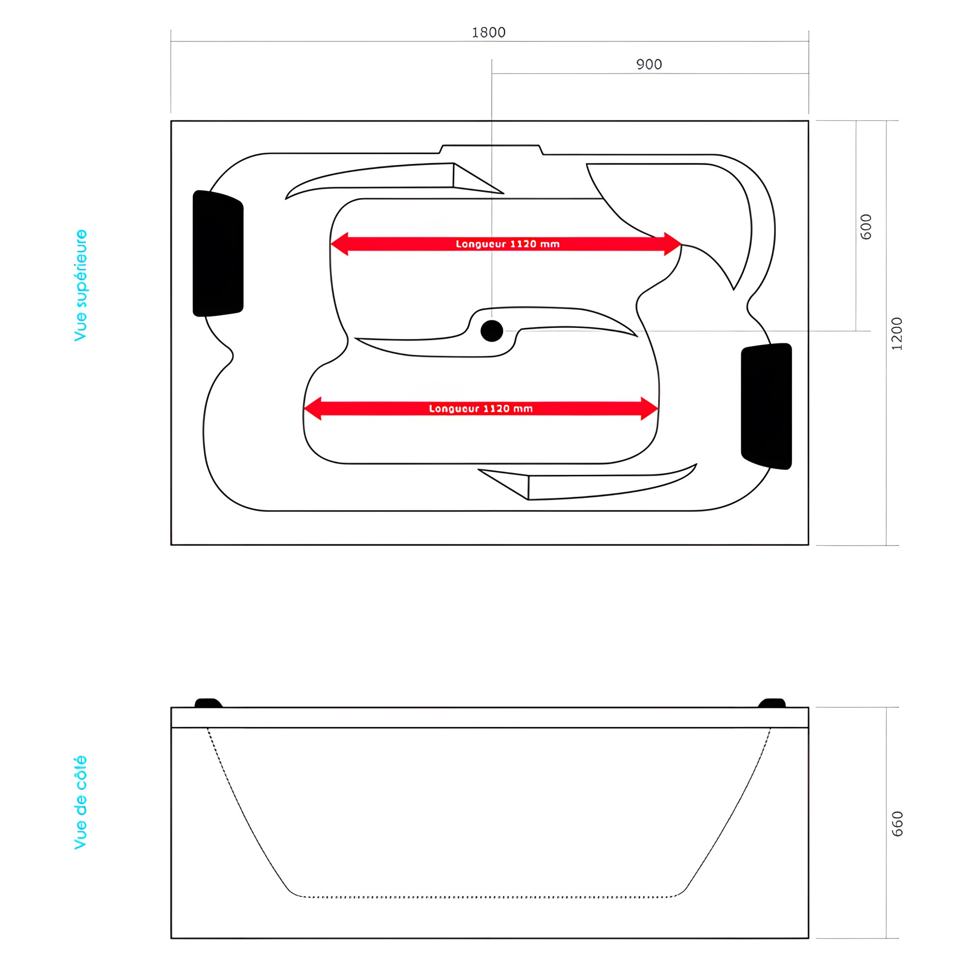 Plan technique Bounty : longueur 180 cm, largeur 120 cm, hauteur 66 cm